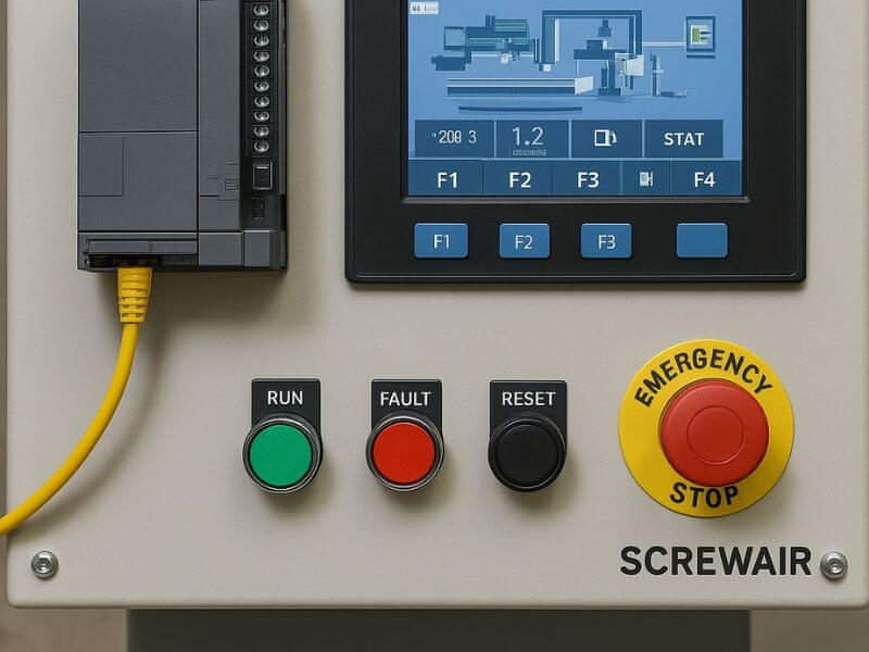 Tablero de control con PLC y pantalla HMI fabricado por Screwair